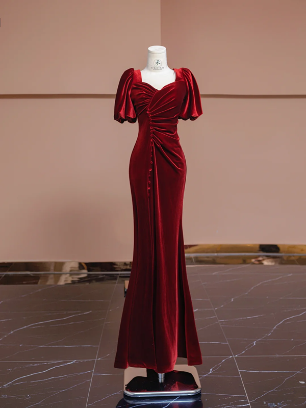 Deep red square neckline fitted waist long ball gown, bridal dress R8313