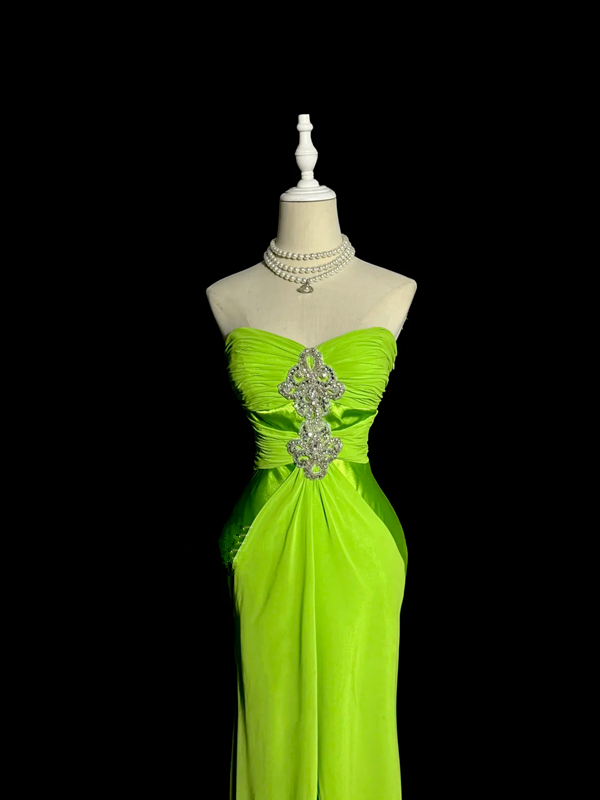 Green strapless fitted waist slim hip long sexy ball gown R8103
