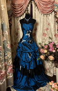 Retro Navy Blue Strapless Satin Layered Beaded Appliques Mermaid Prom Dress Formal Evening Gown SP534