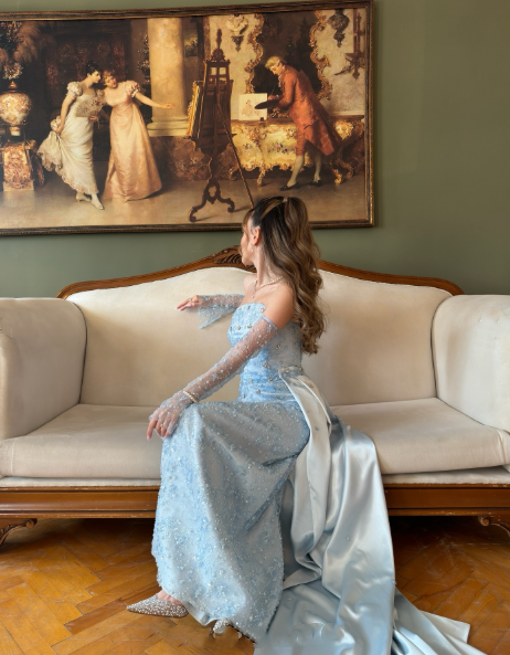Classy Strapless Light Blue Satin Tulle Beaded Mermaid Prom Dress Long Party Gown