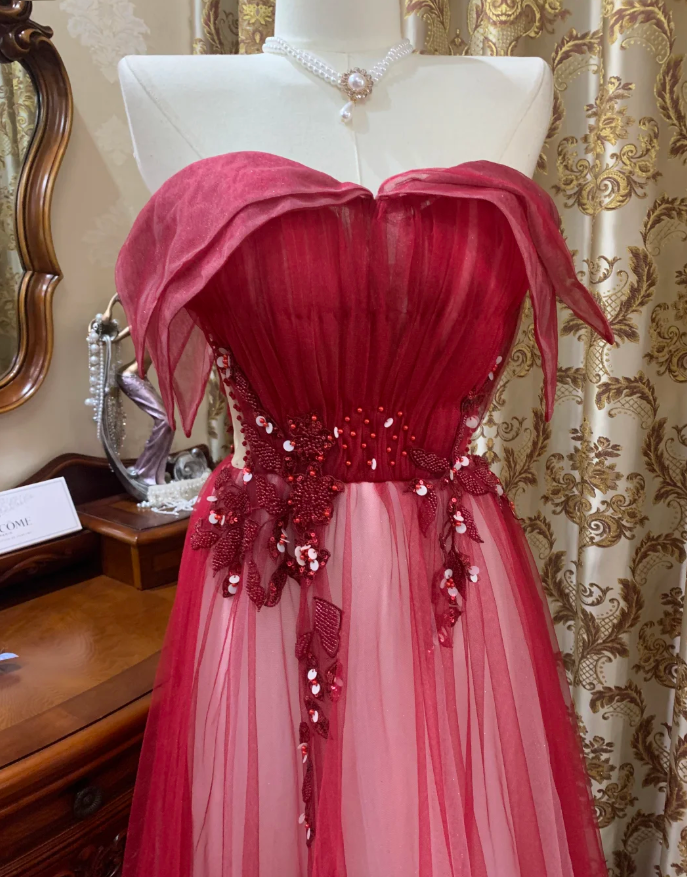 Pretty Red Off The Shoulder Tulle Beaded A Line Long Birthday Prom Dress Evening Dress SP1608