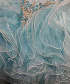Elegant Blue Tulle Beaded Ruffles Long Ball Gown Formal Birthday Quinceanera Dress With Gloves