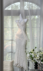 White halter-neck fitted bodycon long ball gown R7609
