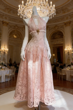 Cute Pink Halter Satin Lace Floral A Line Birthday Prom Dress Long Party Gown SP1567