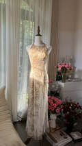 Light apricot halter neck, fitted waist, backless, sexy rhinestone long ball gown R7760