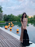 French silk satin suspender dress with backless vacation outfit fishtail slit inner long skirt R1531
