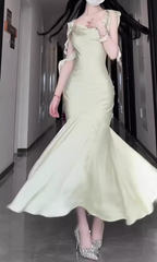 French ruffled sling satin dress large size high-end dress temperament slim fishtail skirt R1840