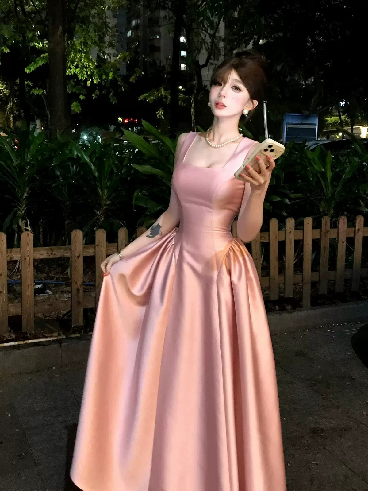 Square neck satin slip dress, elegant and gentle birthday dress G005