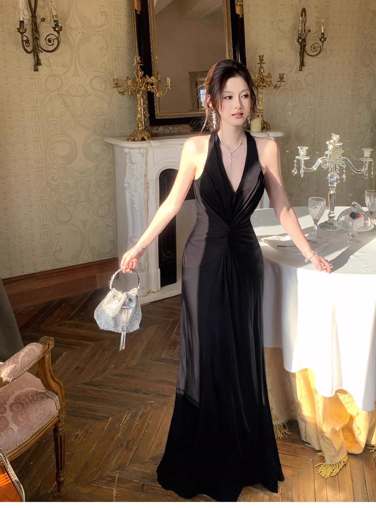 Sexy Black Neck Satin Mermaid Evening Dress Backless Long Wedding Guest Dress SP1538