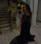 Gorgeous Black Lace Beaded Mermaid Slit Evening Dress Prom Gown