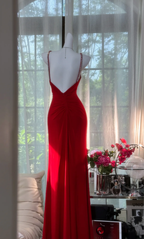 Charming Red Spaghetti Straps Chiffon Beaded Mermaid Evening Dress Backless Long Prom Gown