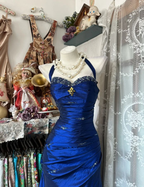 Vintage Blue Halter Satin Beaded Mermaid Evening Dress Prom Gown Long Wedding Guest Dress SP1473
