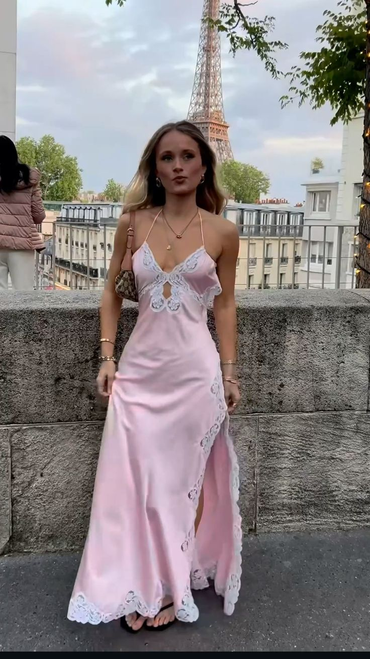 Simple Pink Spaghetti Straps V Neck Satin Lace Slit Prom Dress Birthday Party Dress SP541