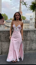 Simple Pink Spaghetti Straps V Neck Satin Lace Slit Prom Dress Birthday Party Dress SP541