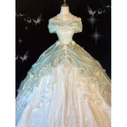Pretty Ball Gown Sweetheart Satin Short Sleeves Long Evening Gown Prom Dresses