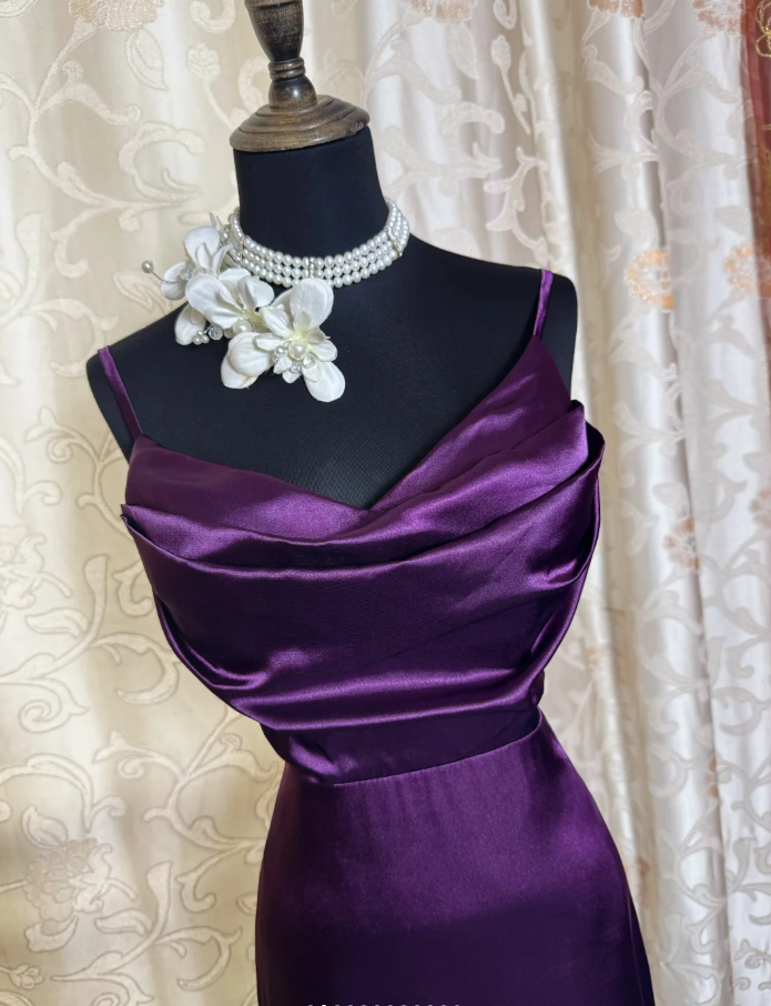 Stylish Spaghetti Straps Purple Satin Mermaid Long Evening Dress Birthday Dress SP1890