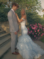 Charming Off The Shoulder Blue Tulle Lace Appliques Layered Mermaid Party Dress Long Evening Gown