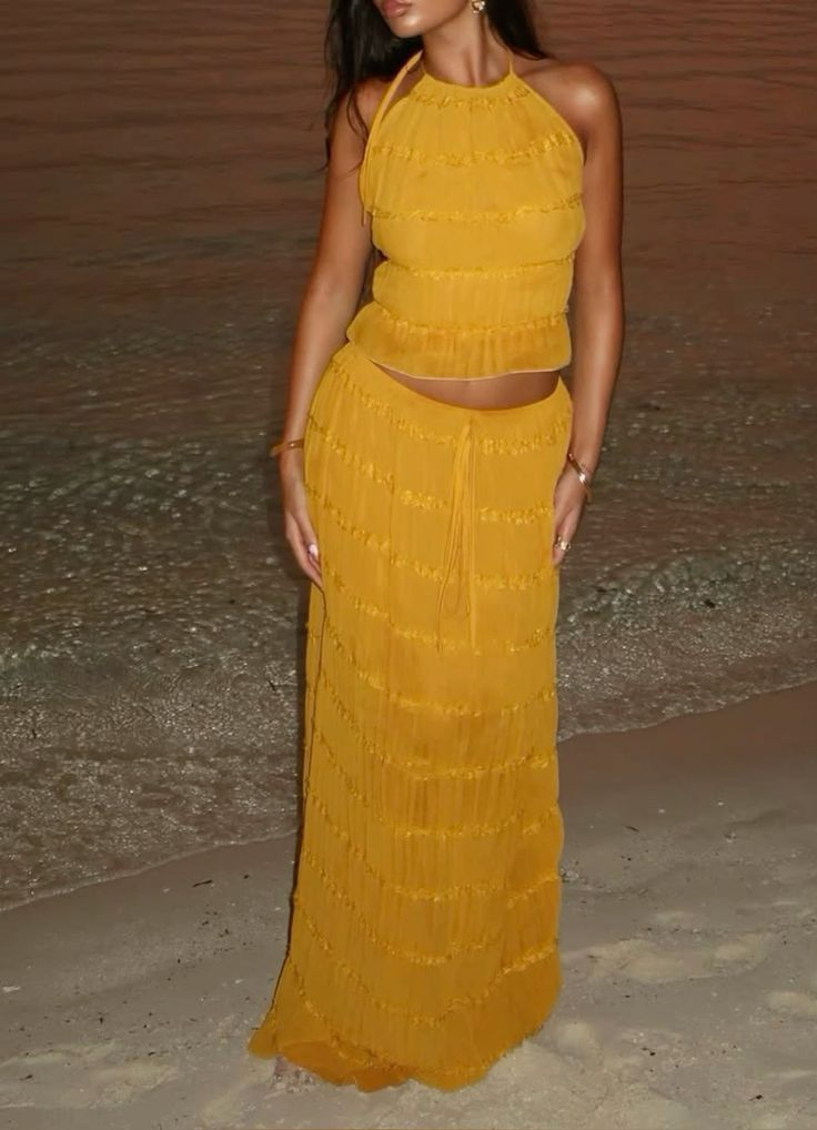 Sexy Halter Chiffon Backless Party Dress,Orange Long Vacation Dresses Two Piece  Y8751