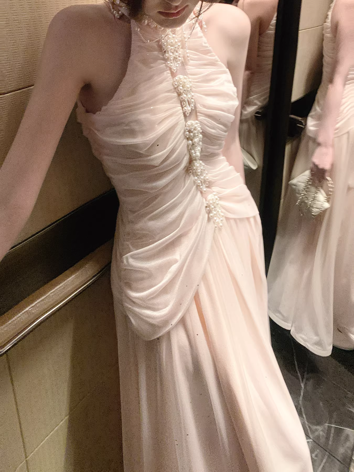 Elegant Pink Halter Tulle Sequin Beaded Mermaid Long Birthday Party Dress Formal Wedding Guest Dress SP1503