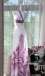 Pretty One Shoulder Beaded White Chiffon Lilac Floral Mermaid Evening Dress Long Party Gowns