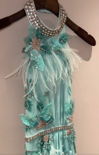 Stylish Green Halter Beaded Floral Feathers Mermaid Evening Dress Long Birthday Outfits SP843