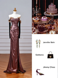 Vintage Off The Shoulder Satin Appliques Long Prom Dress,Mermaid Slit Evening Dress Y8613