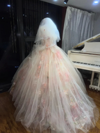 Pretty Strapless Ball Gown Tulle Floral Long Wedding Dress With Veil