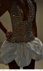 Sexy Halter V Neck Satin Beaded Short Cocktail Dress Formal Homecoming Dress 21st Birthday Outfits Y9861