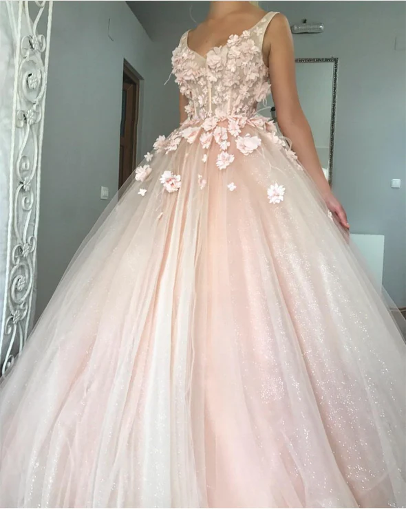 Blush Pink Tulle V Neck Ball Gown Flowers Sweet 16 Dress cc76