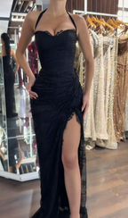 Sexy Halter Black Lace Side Slit Mermaid Long Evening Dress Prom Gown Formal Wedding Guest Dress
