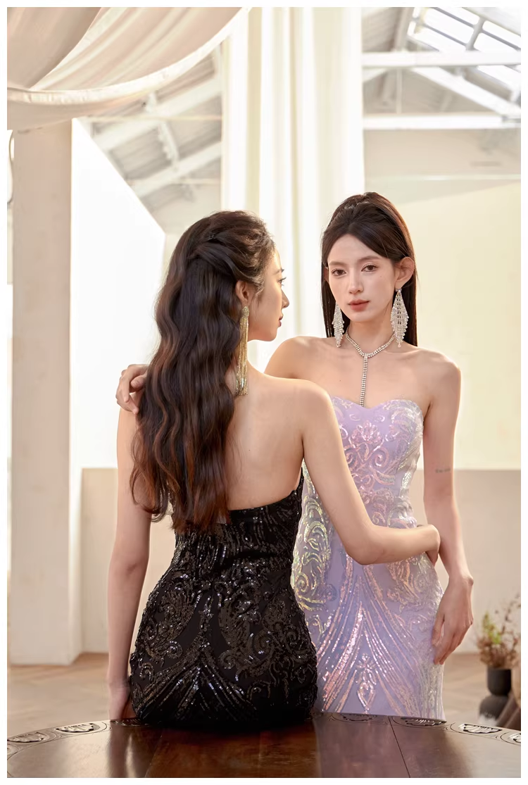 Gorgeous Sweetheart Neck Lavender Tulle Sequin Mermaid Long wedding Guest Dress Formal Evening Dress Prom Gown