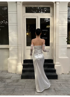 Classy White Off The Shoulder Satin Lace Mermaid Long Wedding Guest Dress Formal Evening Dress Prom Gown