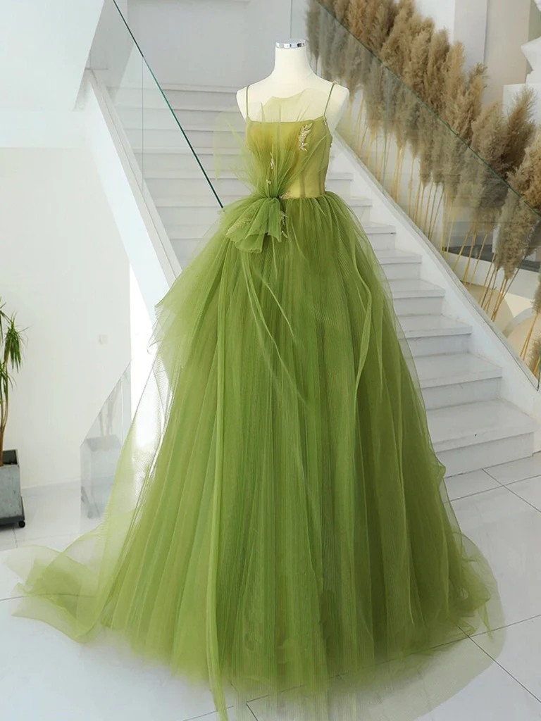 A-Line Green Tulle Long Prom Gown B050