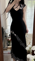 Fashion Spaghetti Straps Black Satin Mermaid Long Party Dress Prom Gown With Appliques