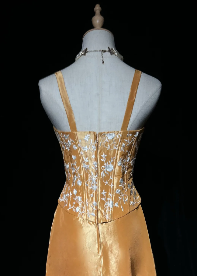 Pretty Spaghetti Straps Satin Embroidery A Line Long  Evening Dress 20th Birthday Outfits SP1966