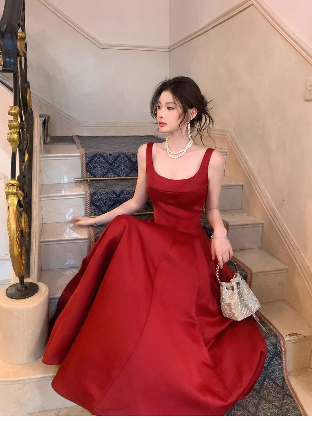 Fashion Spaghetti Strap Red Satin A Line Long Evening Dress Formal Birthday Prom Dresses SP1653