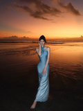 Elegant Halter Blue Satin Mermaid Long Wedding Guest Dress Formal Bridesmaid Dress Party Dress SP1272