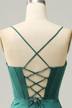 Pretty Mermaid Spaghetti Straps High Slit Prom Dress Dark Green Party Evening Gown cc1803