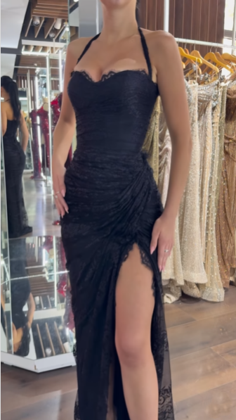 Sexy Black Halter Lace Mermaid Slit Long Evening Dress Party Gown