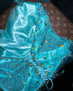 Classy Halter Blue Satin Beaded Mermaid Long Birthday Prom Dress Evening Gown SP1066