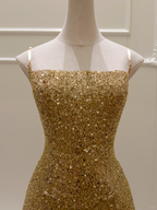 Glitter Gold Spaghetti Straps Sequins Beaded Cocktail Dress Short Graduation Homecoming Dress Y9050