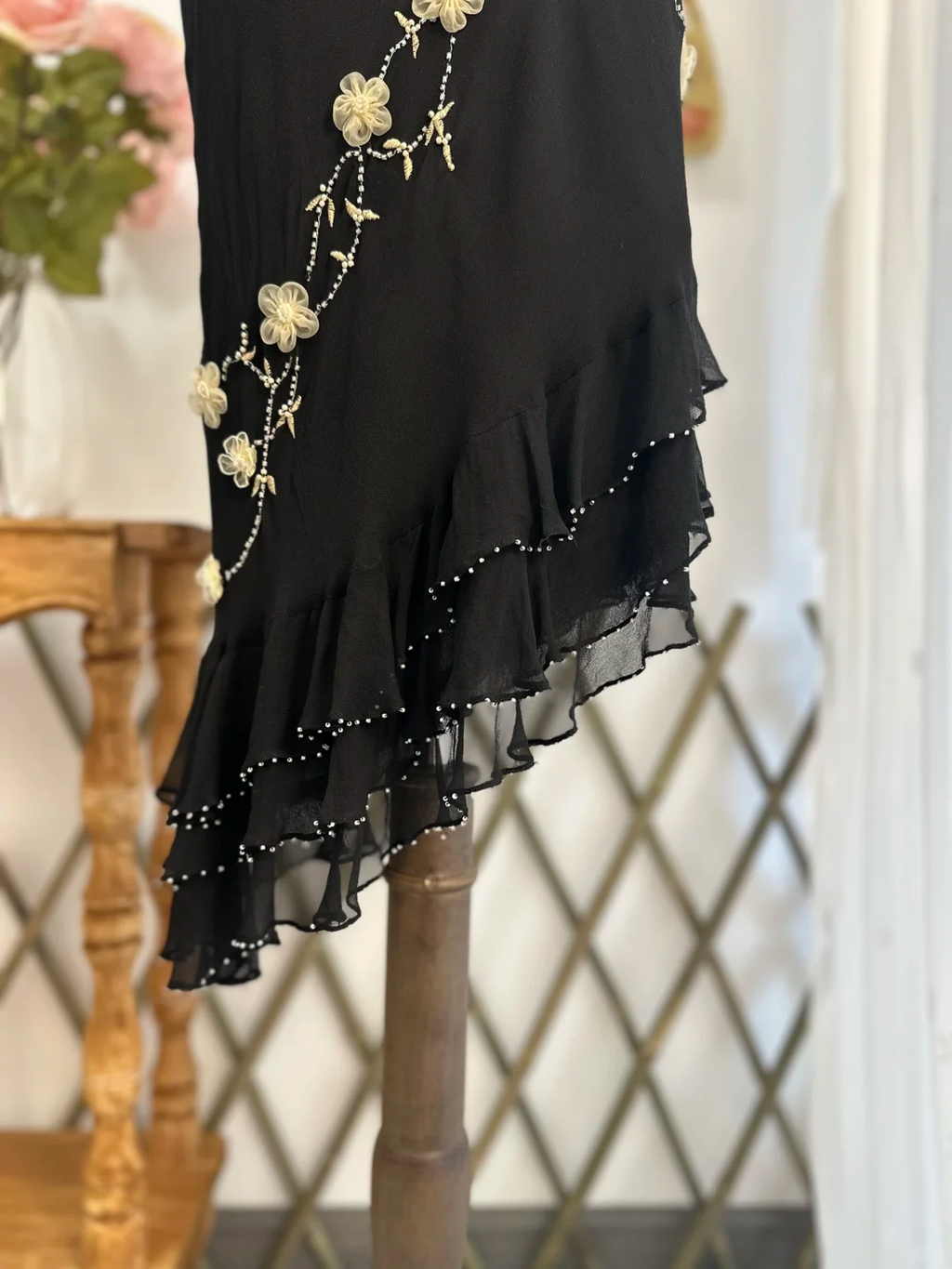 Classy Black Chiffon Beaded Appliques Long Party Gown Formal Evening Dress