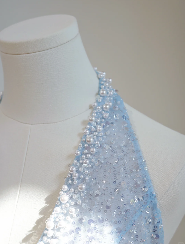 Fairy Halter V Neck Sky Blue Tulle Sequin Beaded A Line Long Prom Dress Party Gown