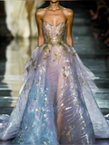 Dream Strapless Blue Tulle Sequins Evening Dress,Long Formal Prom Dress Y8379