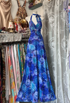 Unique Halter V Neck Blue Print Floral Mermaid Long Evening Dress Birthday Prom Gown