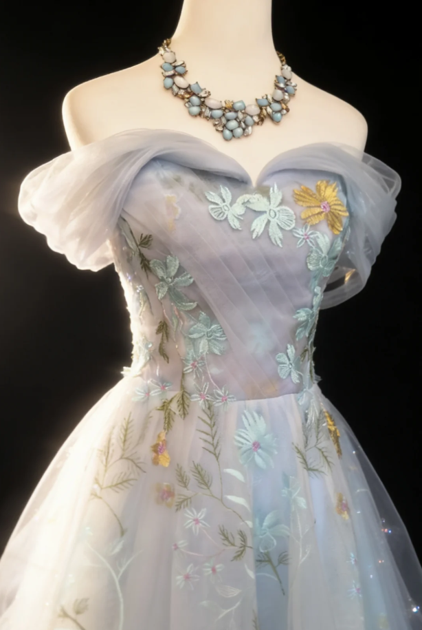 Classy Blue Off The Shoulder Tulle Appliques A Line Long Party Dress Birthday Prom Dresses SP1624