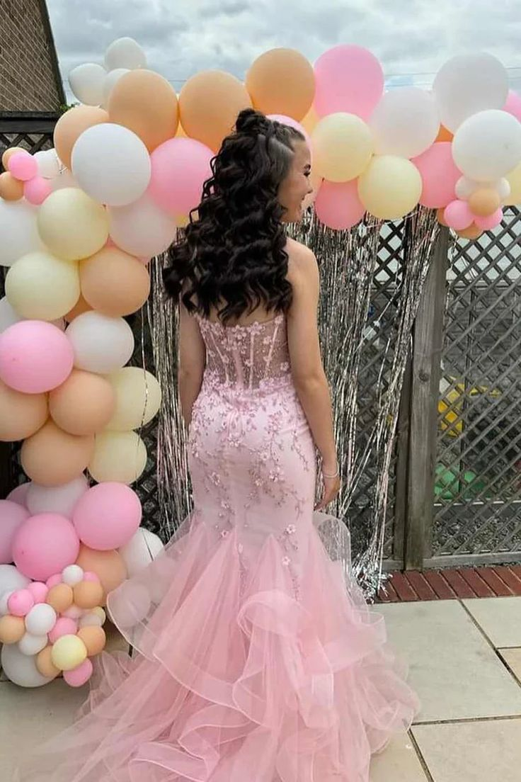 Pretty Strapless Pink Tulle Appliques Beaded Mermaid Party Dress Long Evening Gown