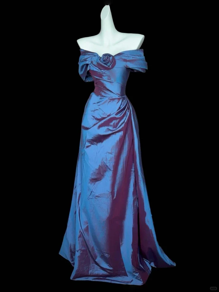 Vintage Off The Shoulder Bow Navy Blue Satin Mermaid Evening Dress Formal Prom Gown