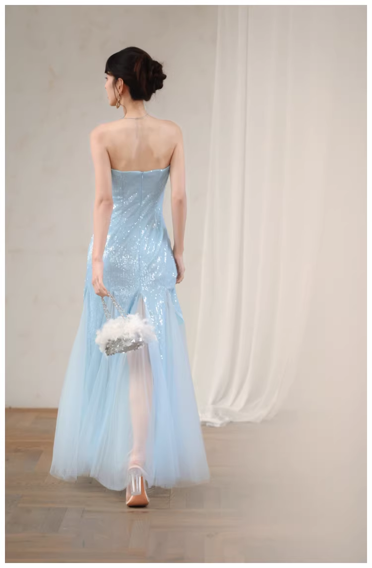 Charming Strapless Blue Tulle Sequin Beaded Mermaid Long Evening Dress Birthday Party Gown
