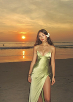 Simple Green Halter Satin Slit A Line Long Party Dress Evening Gown